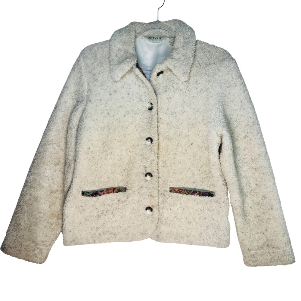 Orvis Sherpa Fleece Jacket Womens XS Cream Tapestry Trim Button Coat Cottagecore